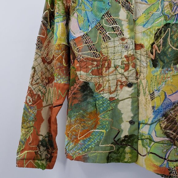 Vtg Chico's Embroidered Patchwork Jacket Size 12 Multicolor Lace Silk Artsy Boho - Picture 3 of 10